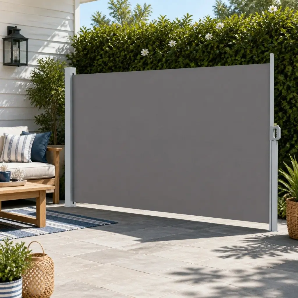 Retractable Side Awning Grey 2M x 3M Outdoor Privacy Screen Steel Frame Polyester Fabric UV Tear Resistant Automatic Roll-back Function