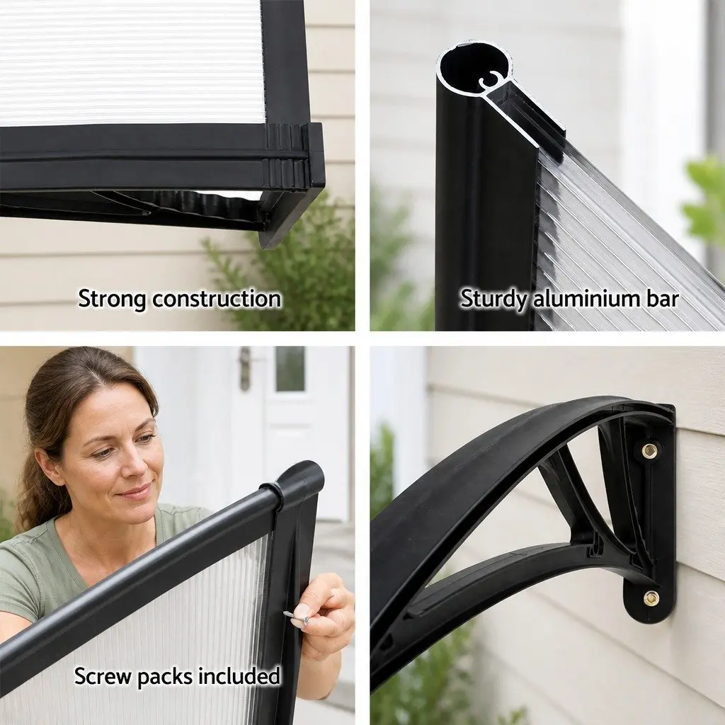 Awning Canopy Transparent Panel 1m x 4m UV Rain Resistant Black Brackets DIY Shade Cover