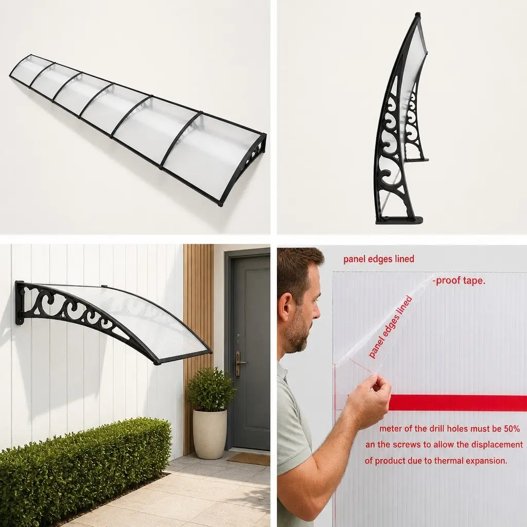 Awning Transparent 1m x 6m PC Panel Canopy Shade for Door Window Balcony