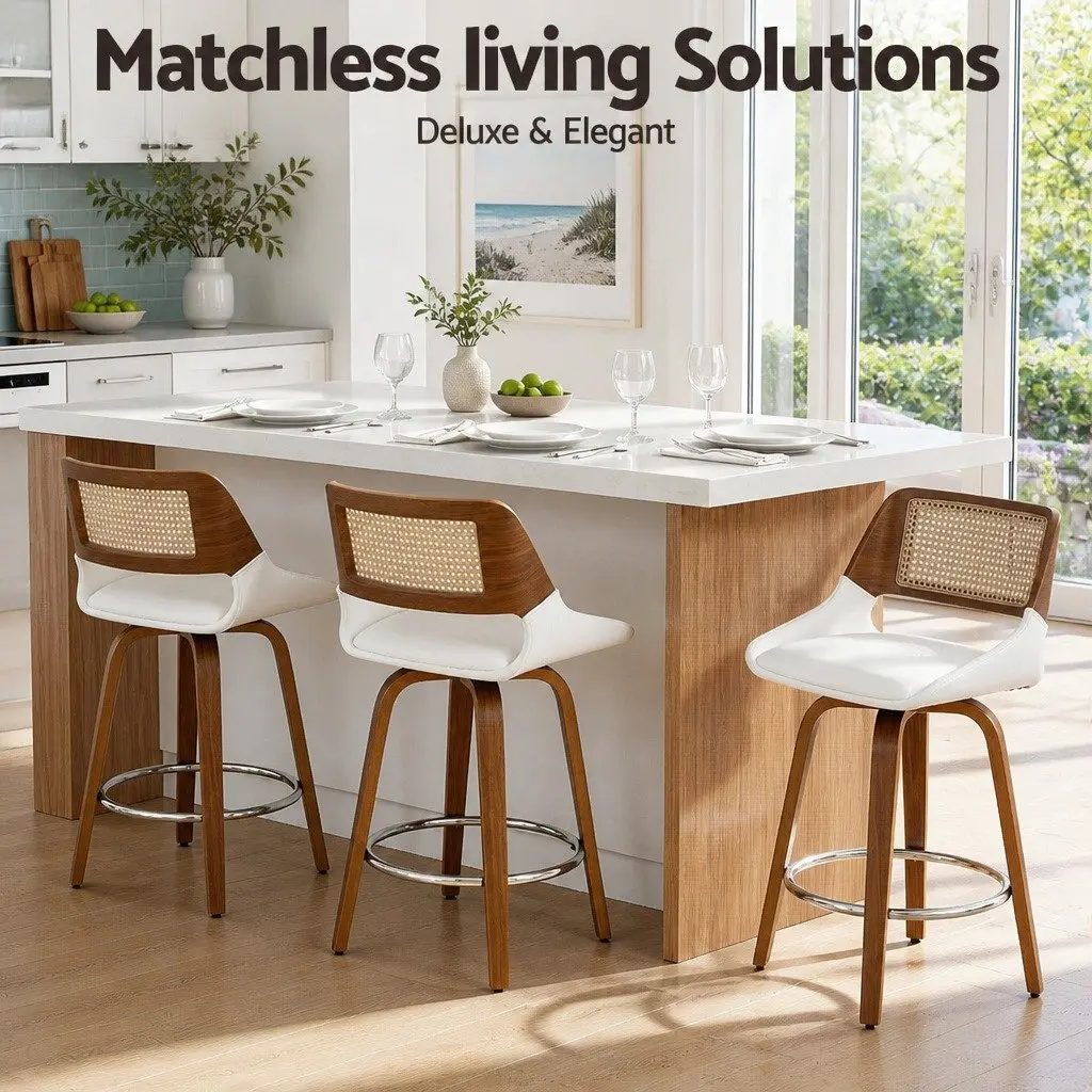 Bar Stools Set of 3 Swivel Kitchen Counter Chair 60cm Seat Height Walnut White