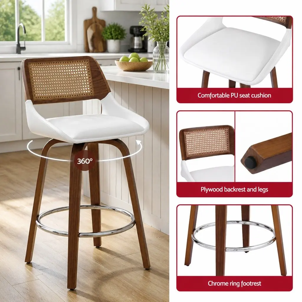 Bar Stools Set of 3 Swivel Kitchen Counter Chair 60cm Seat Height Walnut White