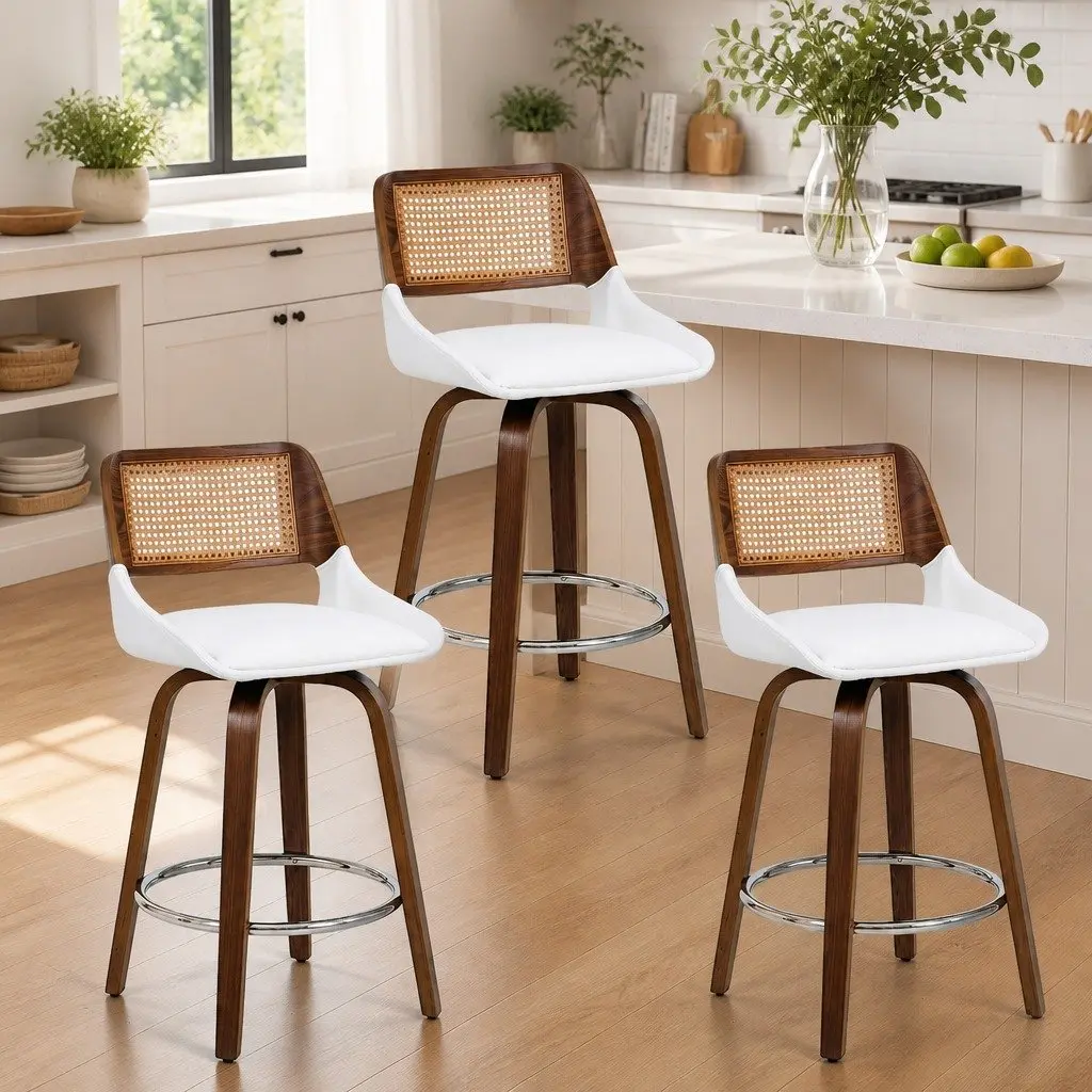 Bar Stools Set of 3 Swivel Kitchen Counter Chair 60cm Seat Height Walnut White