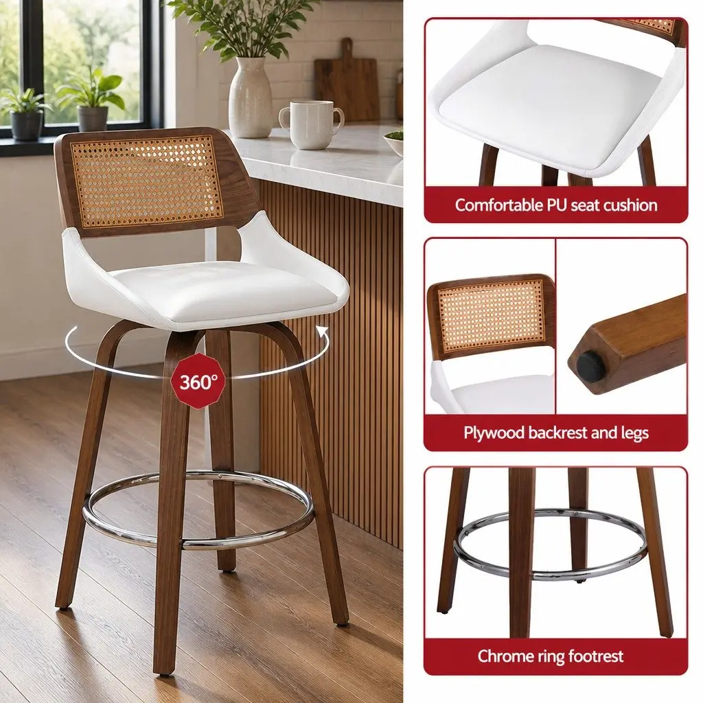 Bar Stools Set of 4 Swivel Kitchen Counter Chair 60cm Seat Height Walnut White