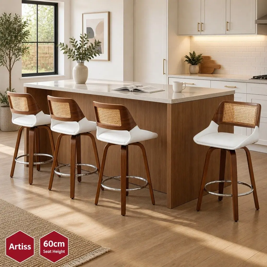 Bar Stools Set of 4 Swivel Kitchen Counter Chair 60cm Seat Height Walnut White