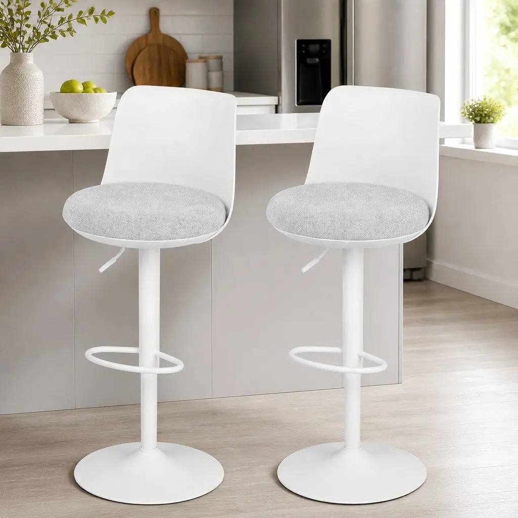 Bar Stools White Adjustable Height Ergonomic Curved Backrest Set of 2
