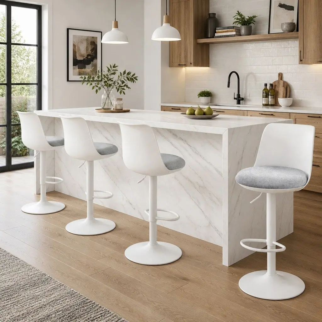 Bar Stools White Adjustable Height Ergonomic Curved Backrest Set of 4