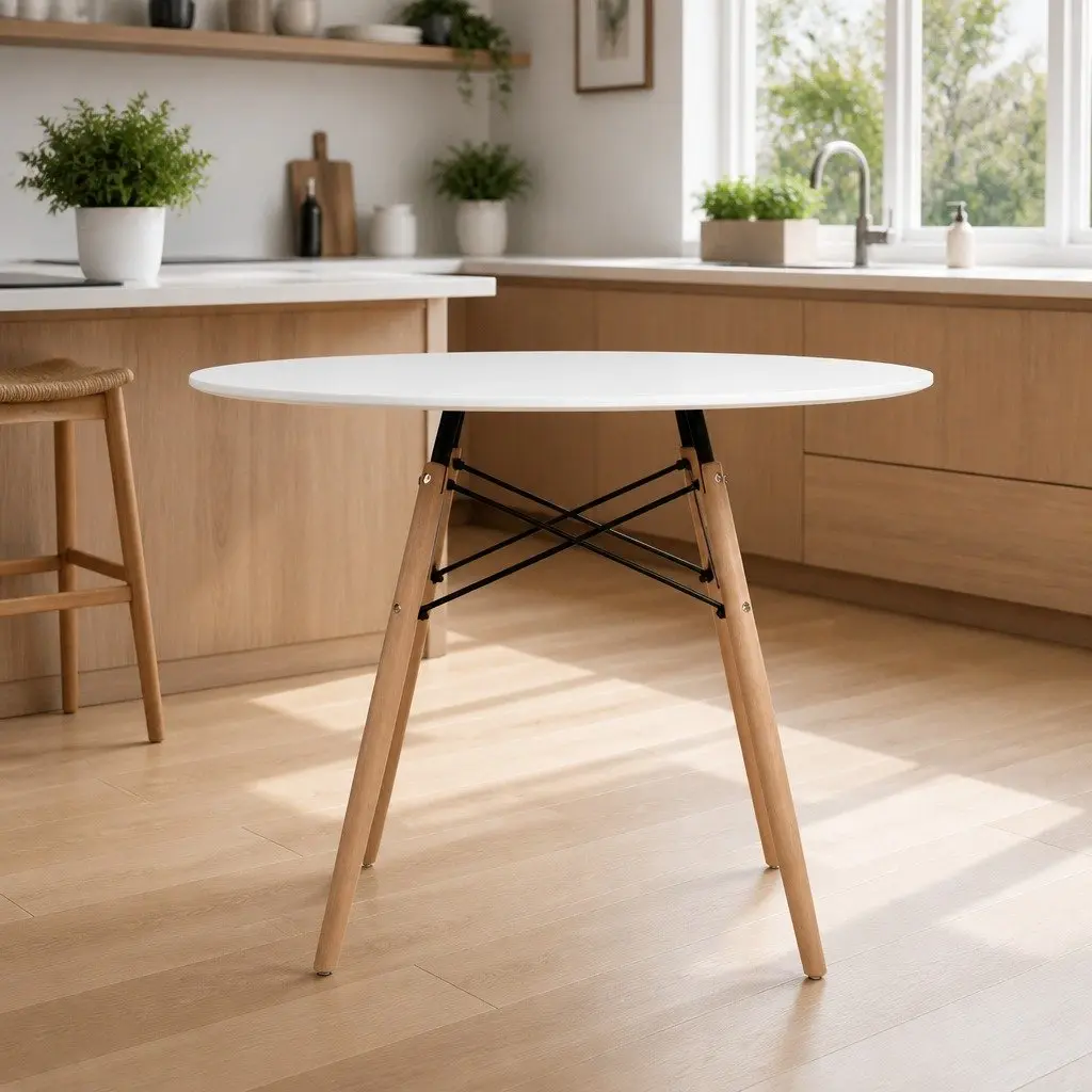 Round Dining Table 100cm White 4 Seater MDF Beech Wood Legs Modern Design