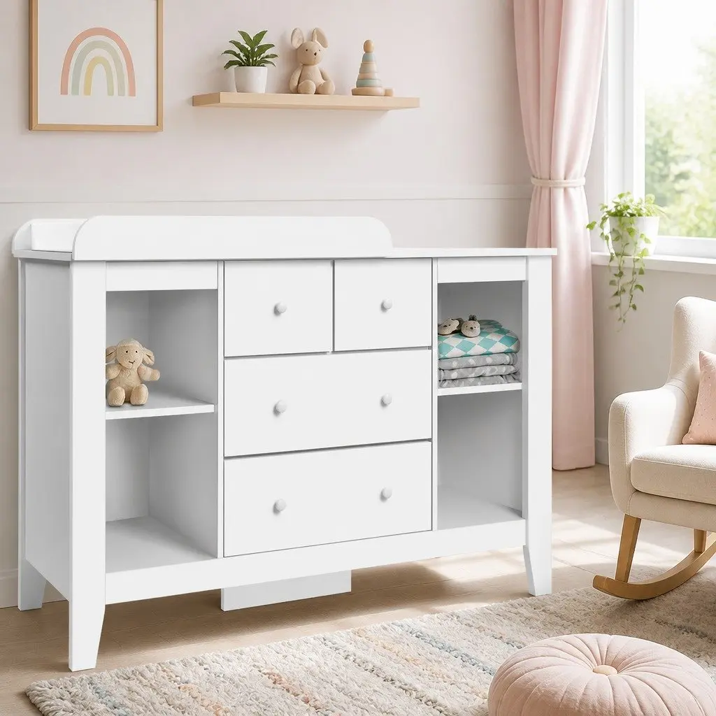 Changing Table White 142cm Removable Change Top Four Drawers Four Shelves