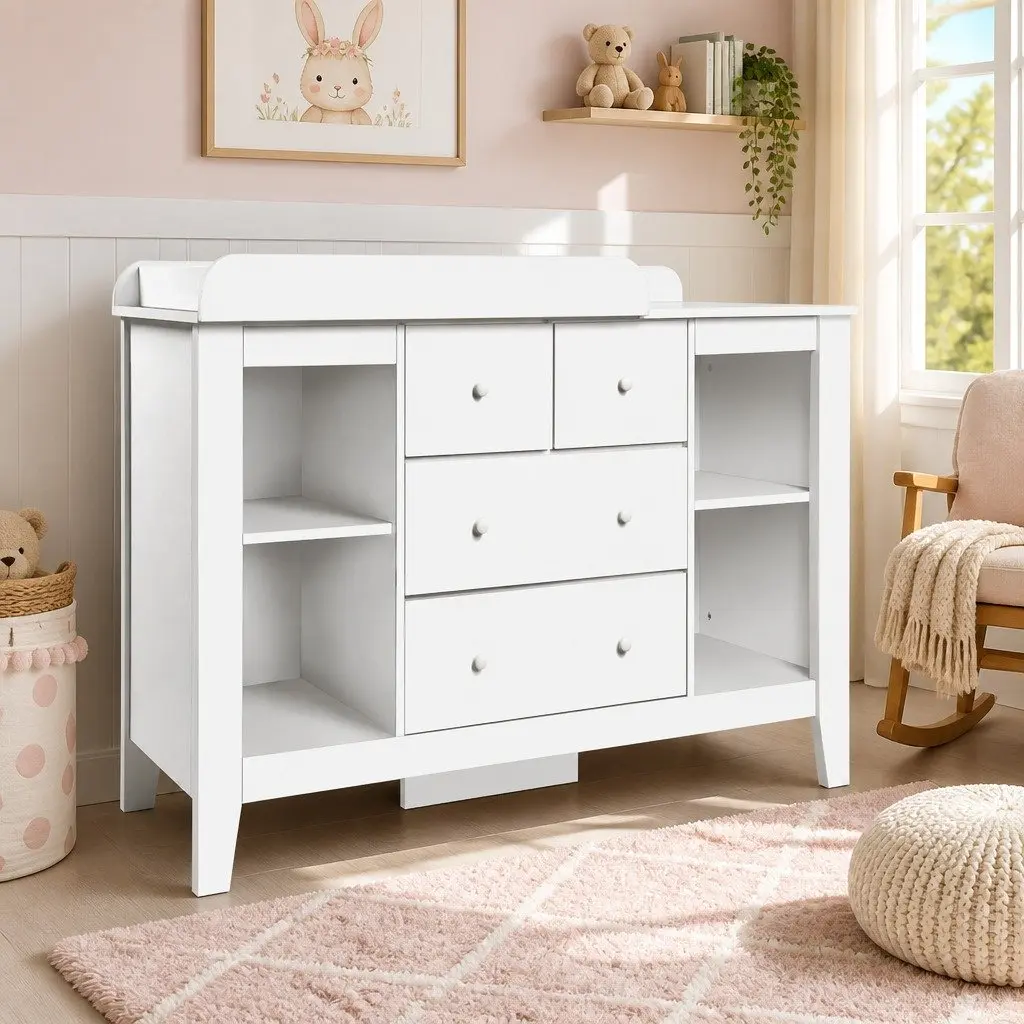Changing Table White 142cm Removable Change Top Four Drawers Four Shelves