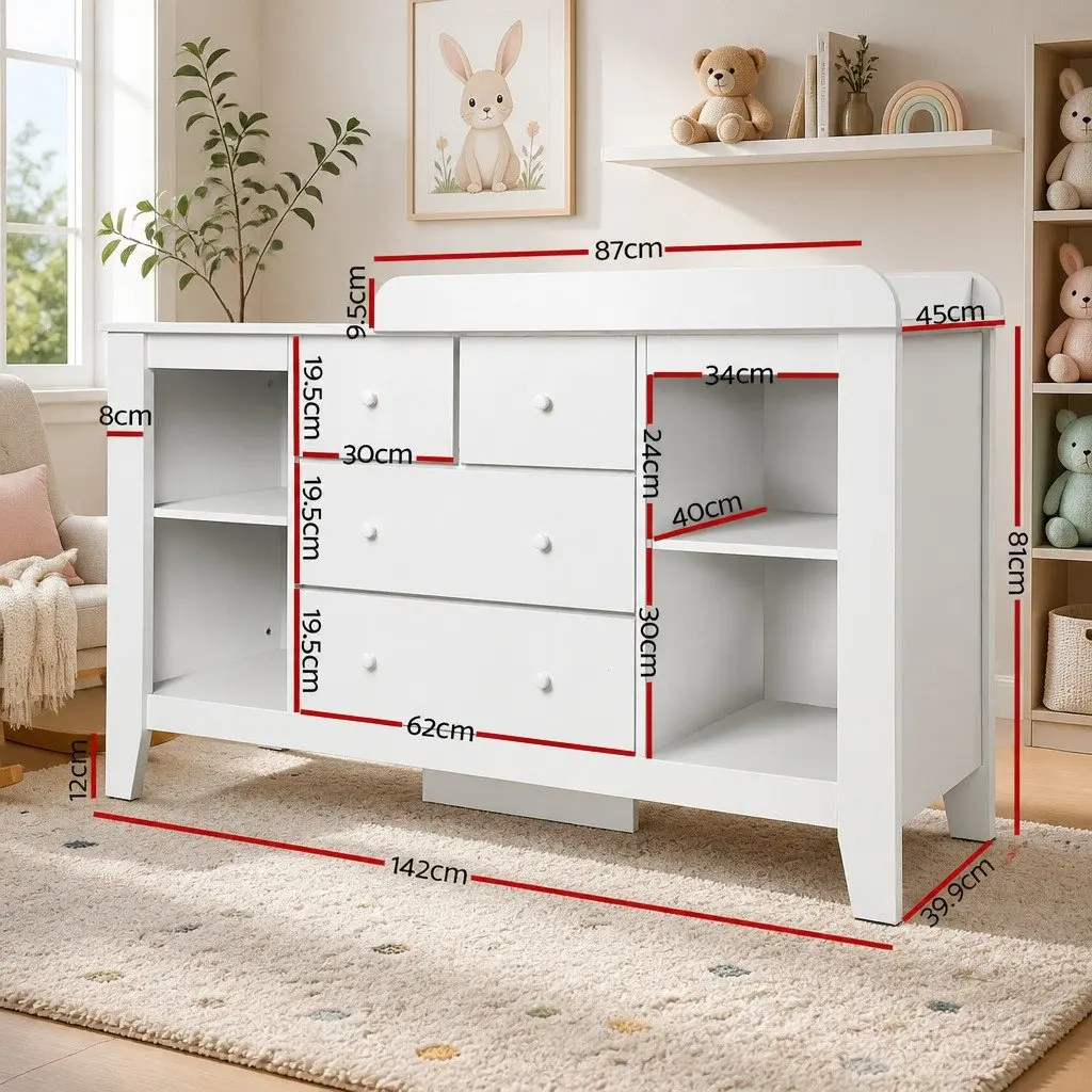 Changing Table White 142cm Removable Change Top Four Drawers Four Shelves