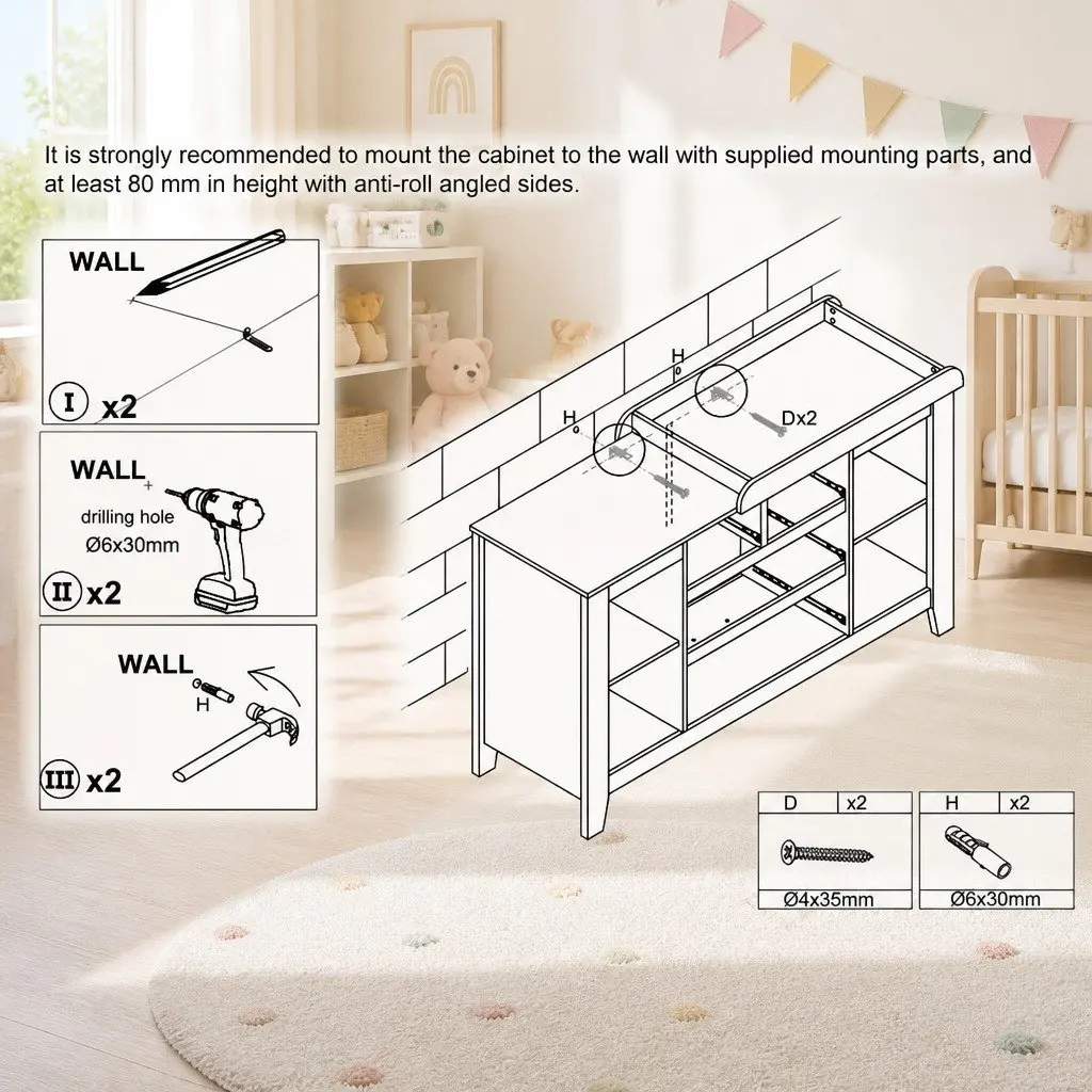 Changing Table White 142cm Removable Change Top Four Drawers Four Shelves