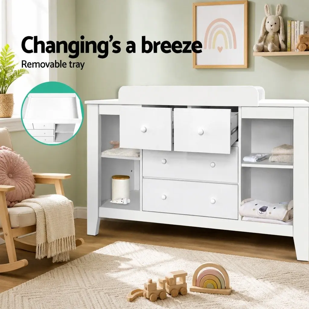 Changing Table White 142cm Removable Change Top Four Drawers Four Shelves