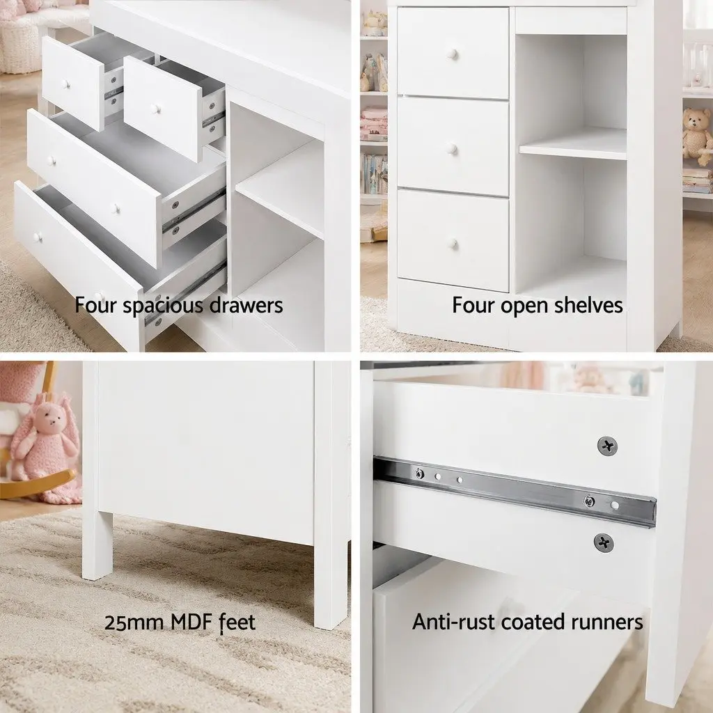 Changing Table White 142cm Removable Change Top Four Drawers Four Shelves
