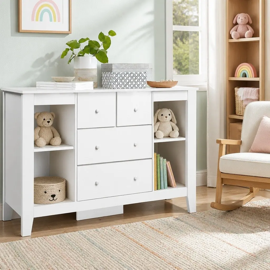 Changing Table White 142cm Removable Change Top Four Drawers Four Shelves