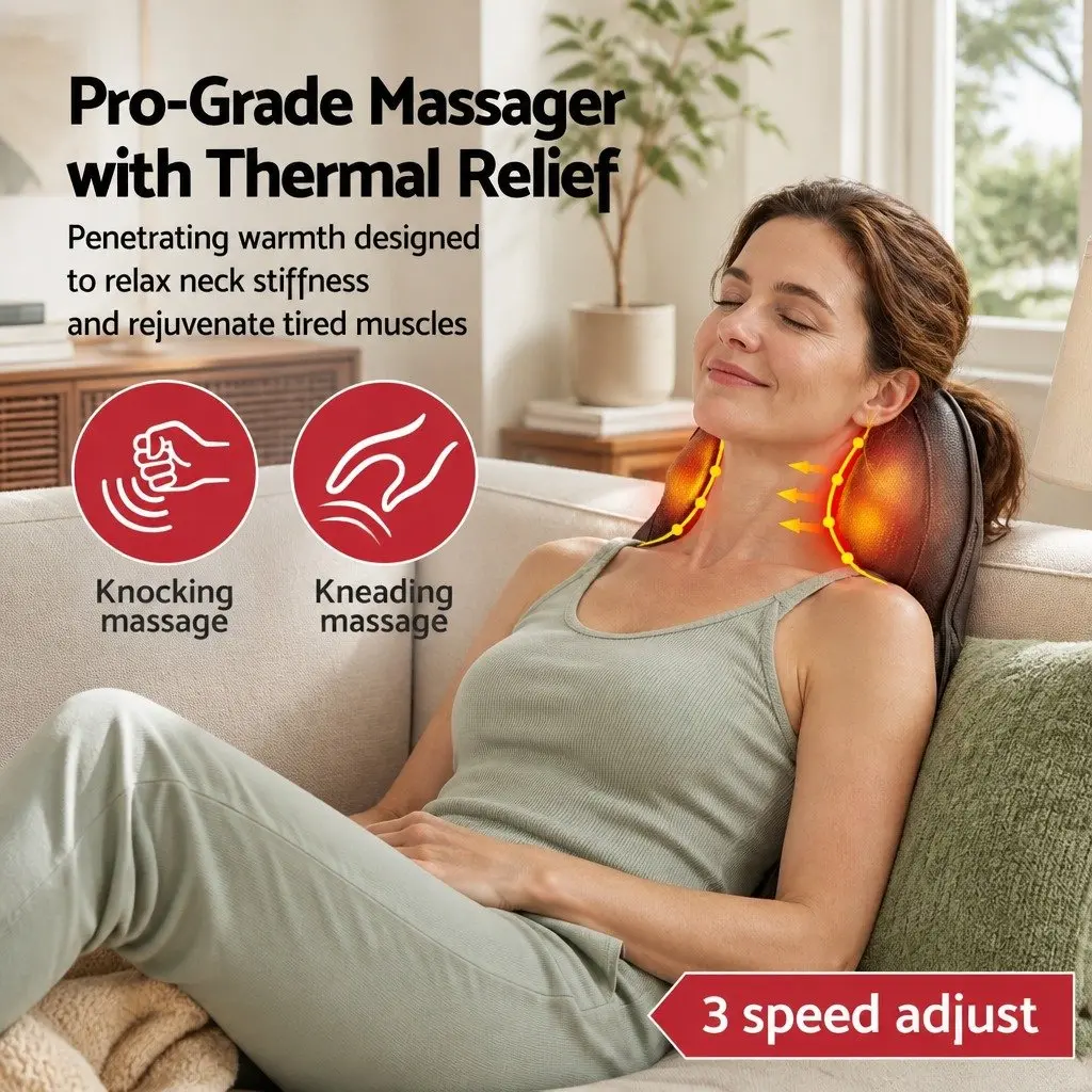 Back Massager Black Cordless Electric 3-Speed Kneading with Heat Therapy for Neck Shoulder Lumbar Relief