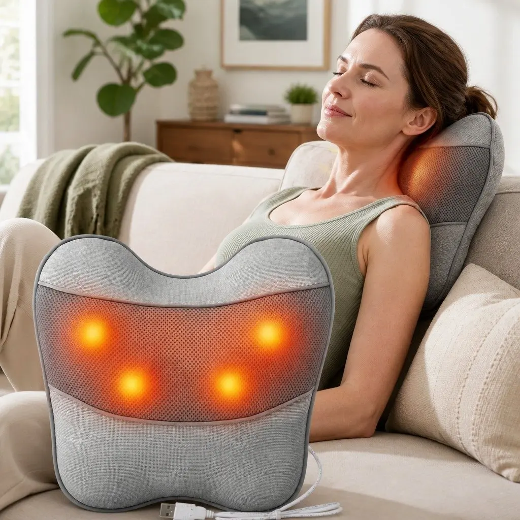 Massage Pillow Grey USB 3-Speed Heat Relief Ergonomic Lumbar Support
