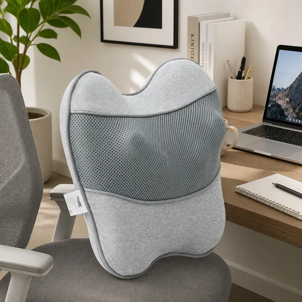 Massage Pillow Grey USB 3-Speed Heat Relief Ergonomic Lumbar Support