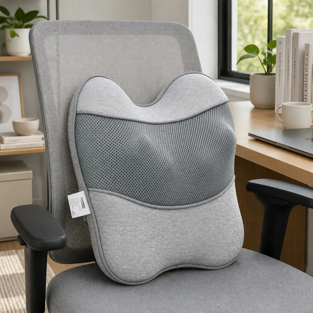 Massage Pillow Grey USB 3-Speed Heat Relief Ergonomic Lumbar Support