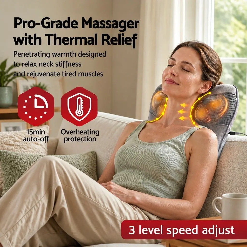 Massage Pillow Grey USB 3-Speed Heat Relief Ergonomic Lumbar Support