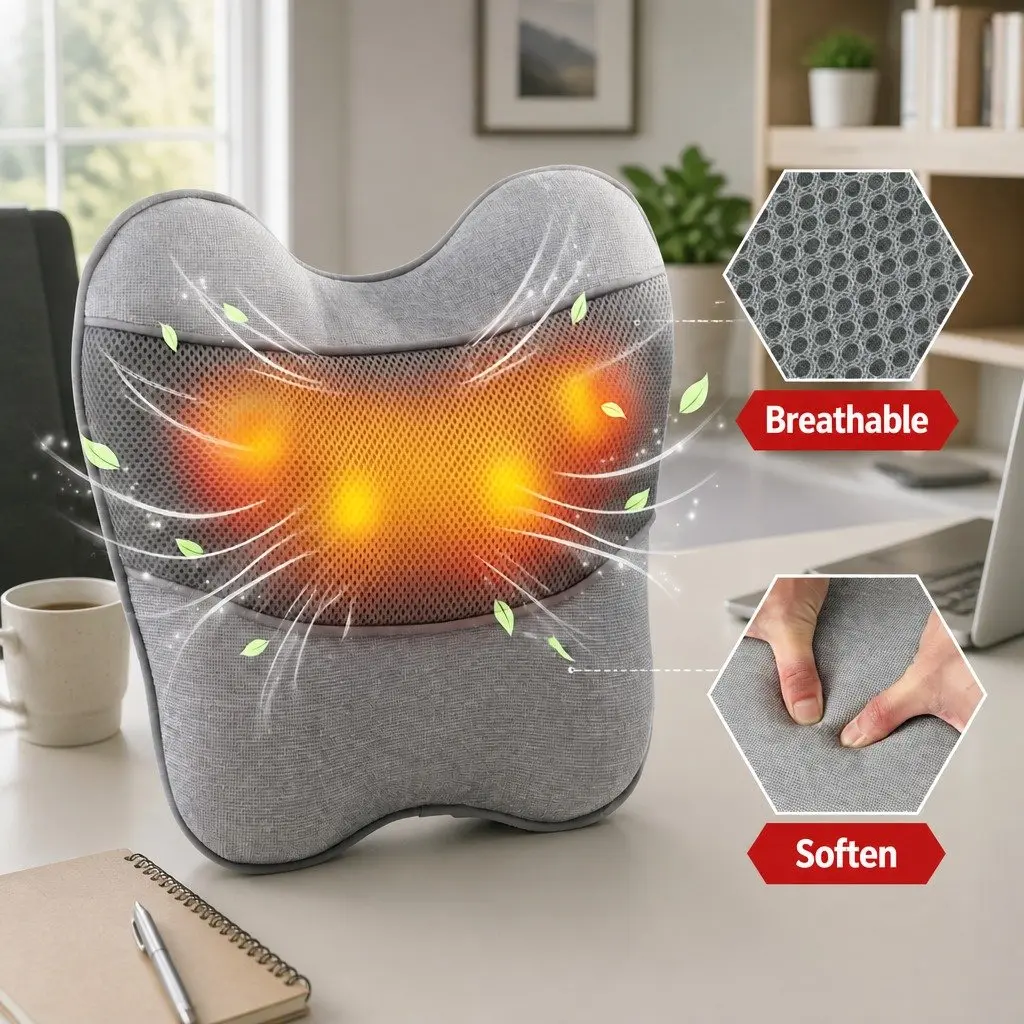 Massage Pillow Grey USB 3-Speed Heat Relief Ergonomic Lumbar Support