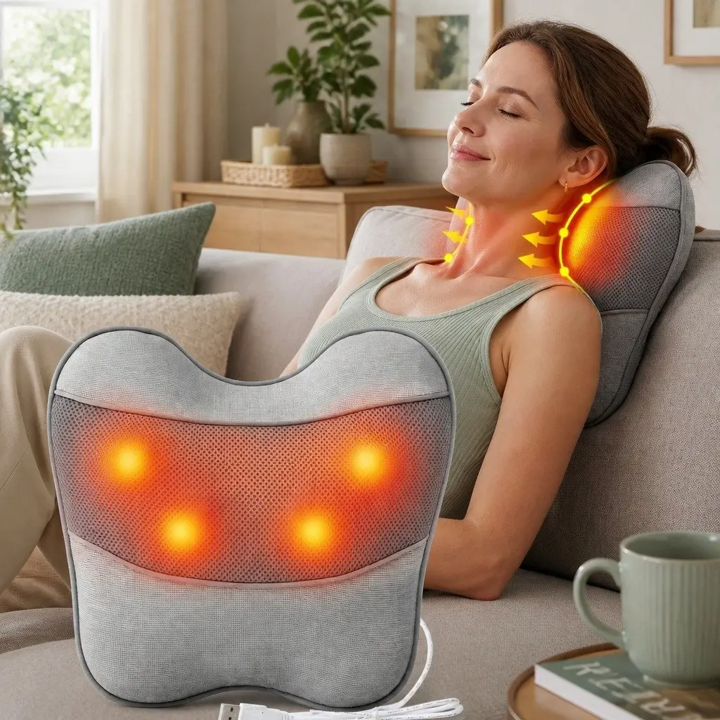 Massage Pillow Grey USB 3-Speed Heat Relief Ergonomic Lumbar Support