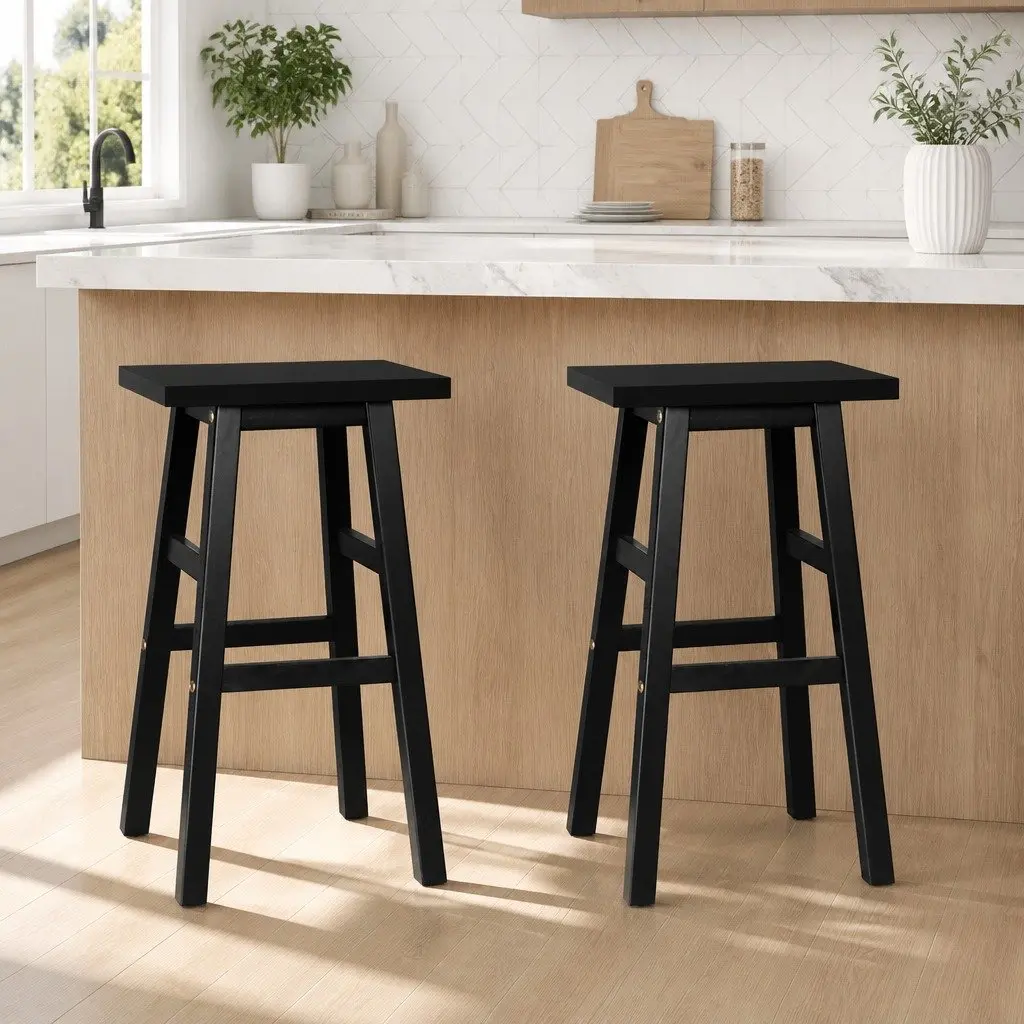 Bar Stools Black 66.5cm Solid Beech Wood Construction with Split-Level Footrest