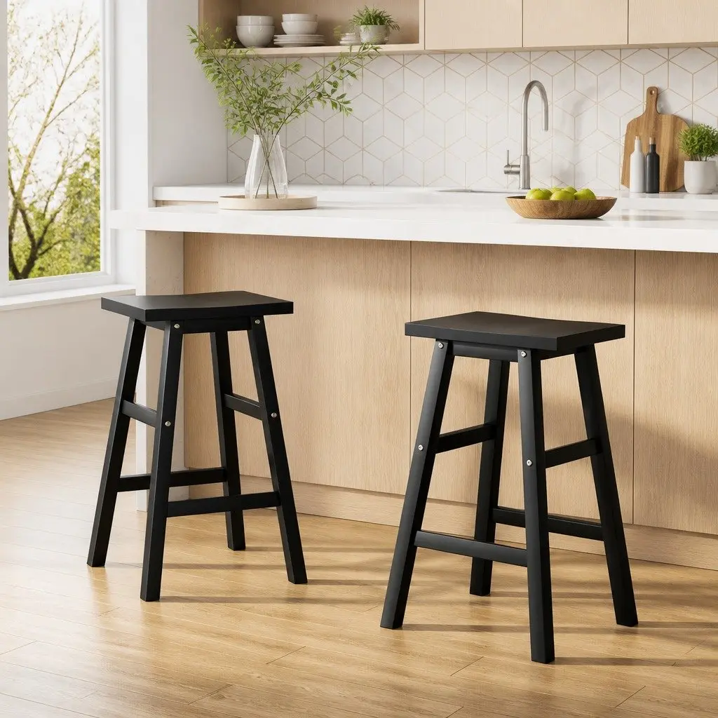 Bar Stools Black 66.5cm Solid Beech Wood Construction with Split-Level Footrest