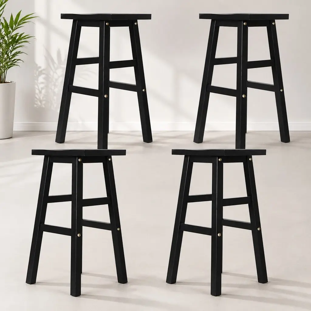Bar Stools Kitchen Counter Chairs Wooden Saddle Seat Black Set of 4