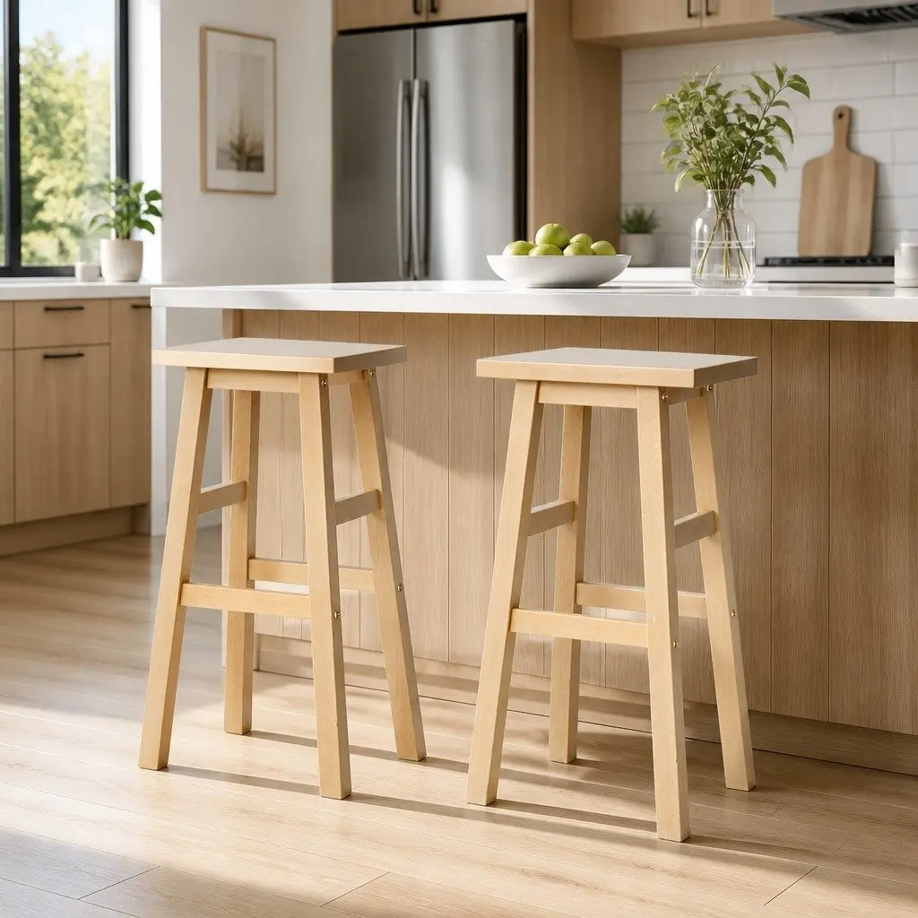 Bar Stools Natural Light Wood Tone Set 2 Piece Solid Beech Wood Construction Split-Level Footrest Anti-Slip Floor Protectors
