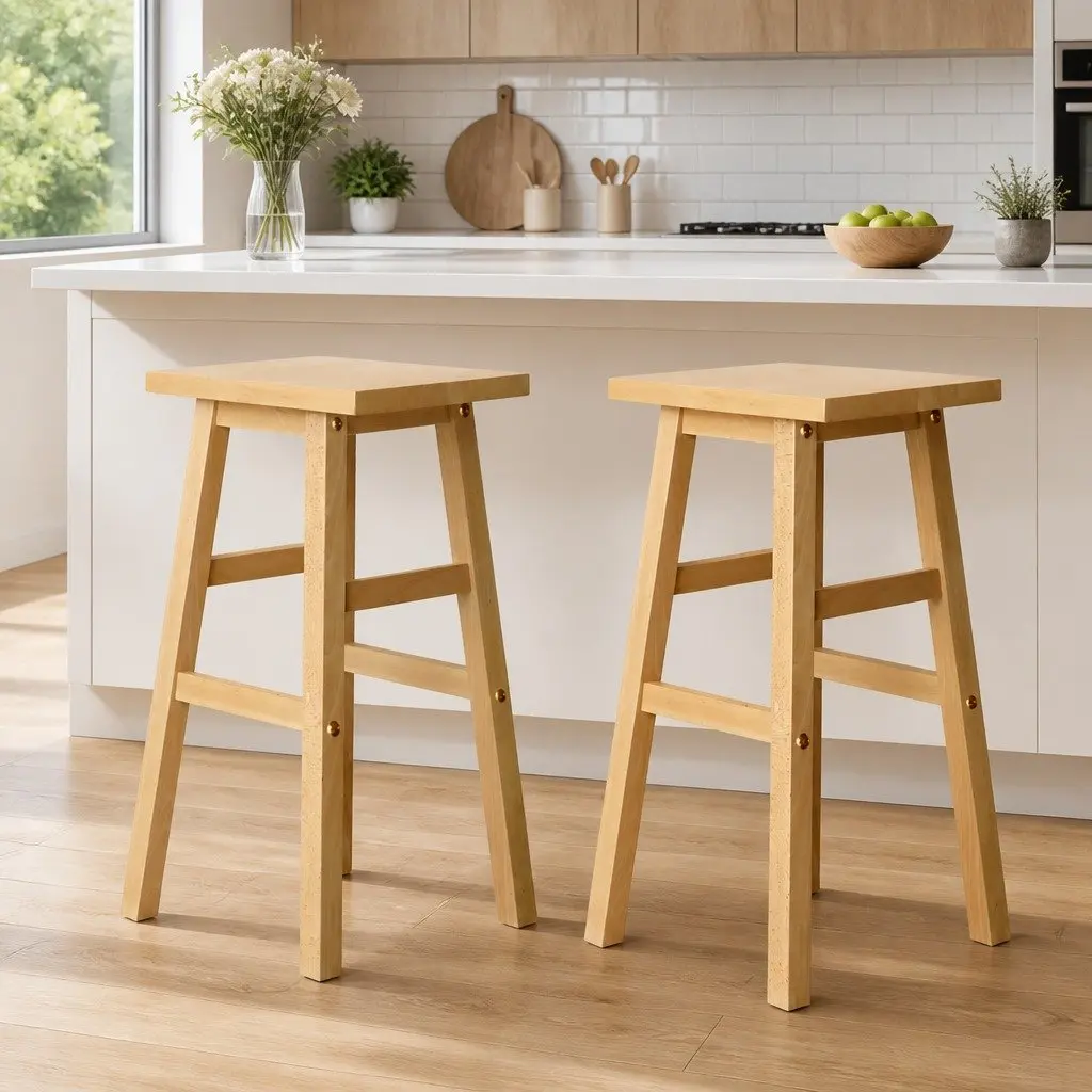 Bar Stools Natural Light Wood Tone Set 2 Piece Solid Beech Wood Construction Split-Level Footrest Anti-Slip Floor Protectors