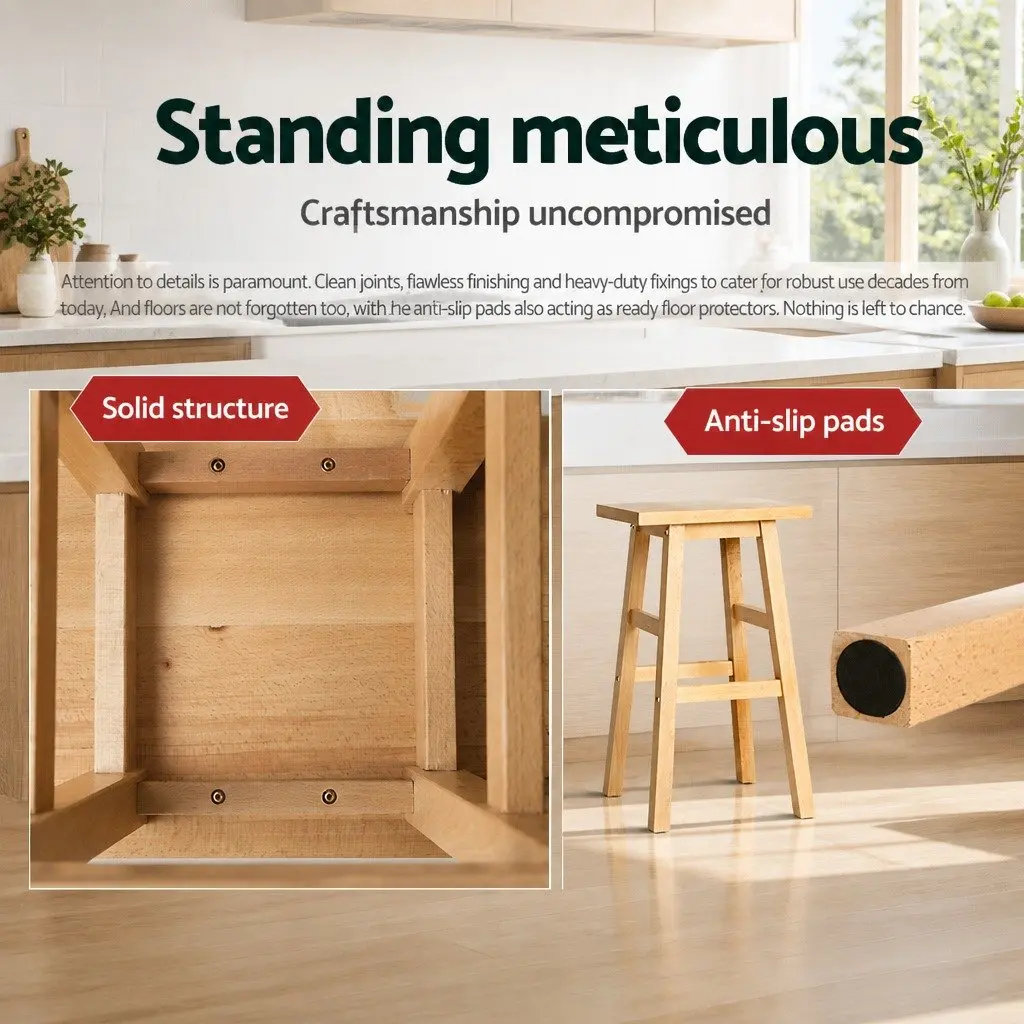 Bar Stools Natural Light Wood Tone Set 2 Piece Solid Beech Wood Construction Split-Level Footrest Anti-Slip Floor Protectors