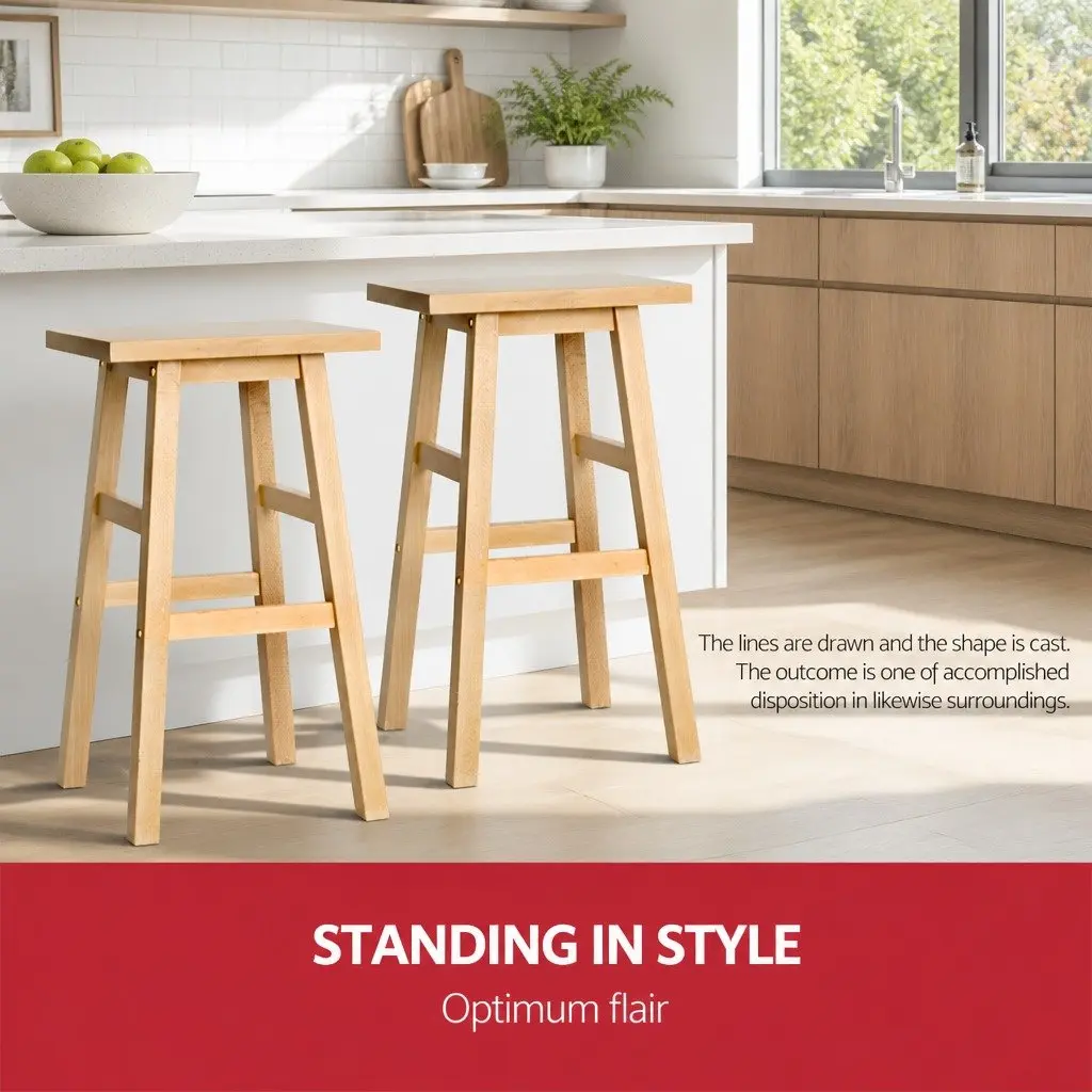 Bar Stools Natural Light Wood Tone Set 2 Piece Solid Beech Wood Construction Split-Level Footrest Anti-Slip Floor Protectors