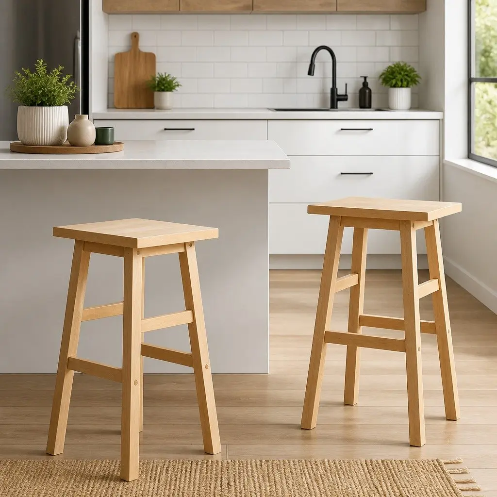 Bar Stools Natural Light Wood Tone Set 2 Piece Solid Beech Wood Construction Split-Level Footrest Anti-Slip Floor Protectors