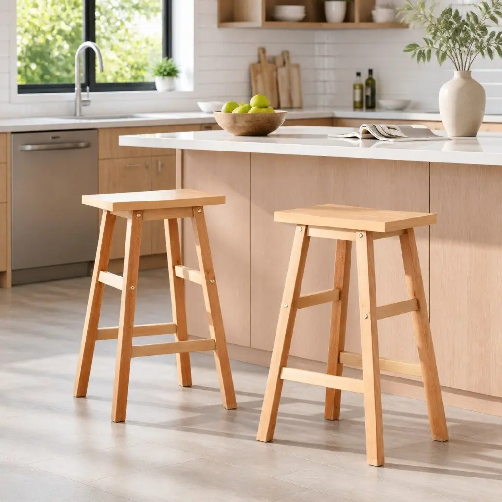 Bar Stools Natural Light Wood Tone Set 2 Piece Solid Beech Wood Construction Split-Level Footrest Anti-Slip Floor Protectors