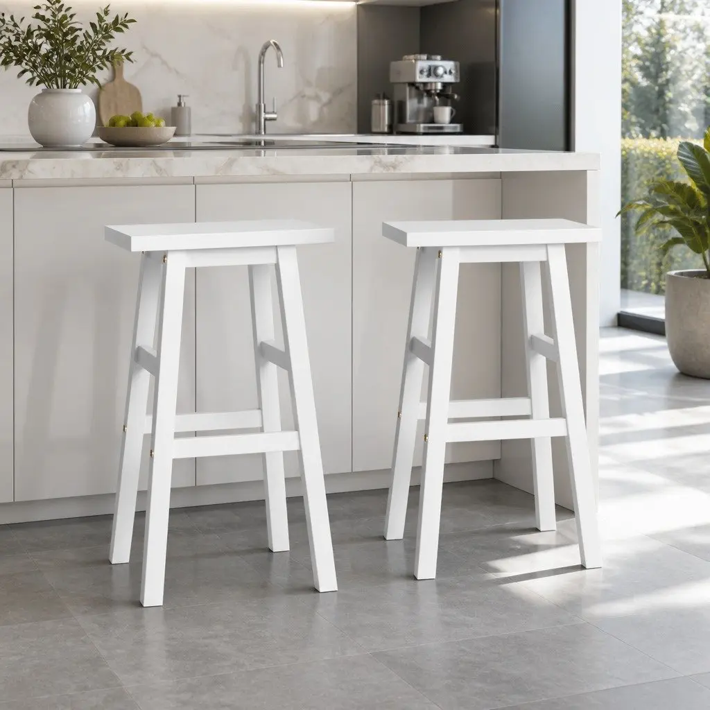 Bar Stools White Wooden 2 Piece Solid Construction with Footrest