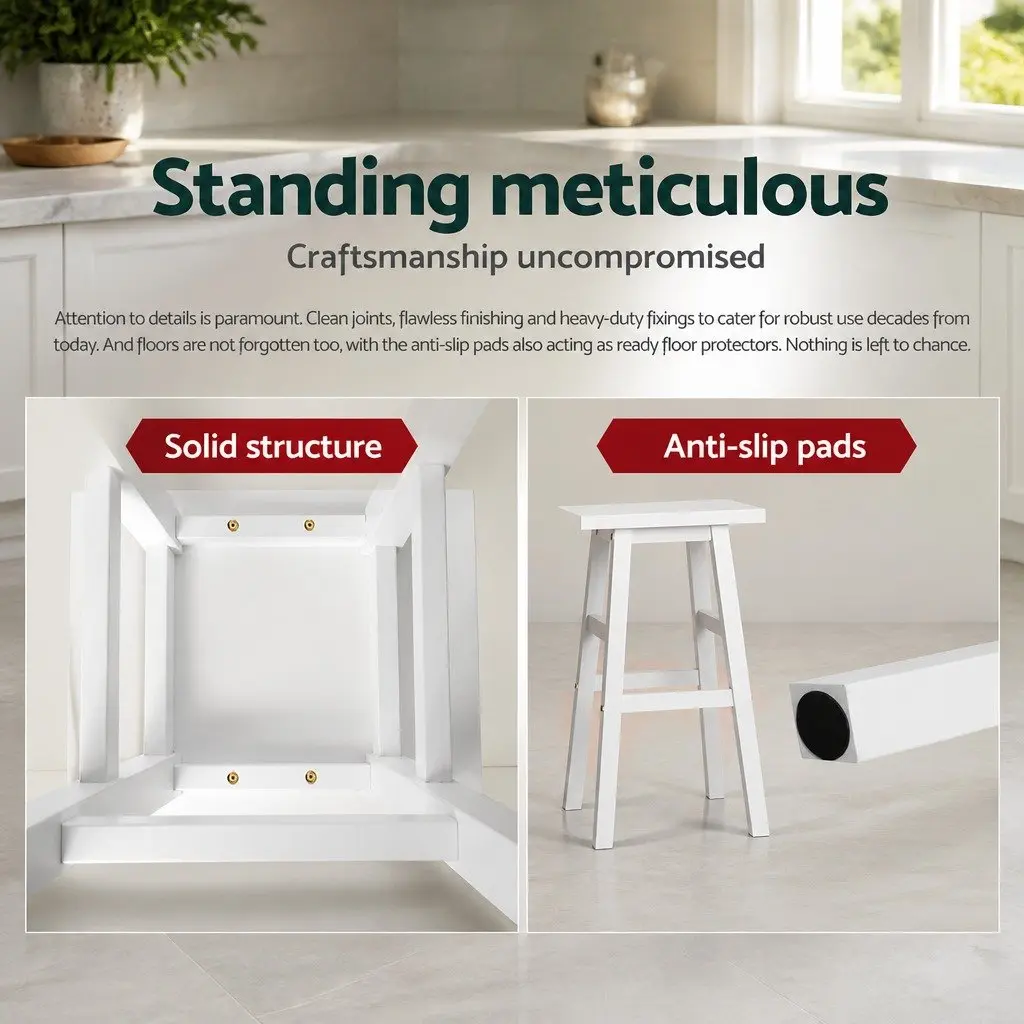 Bar Stools White Wooden 2 Piece Solid Construction with Footrest