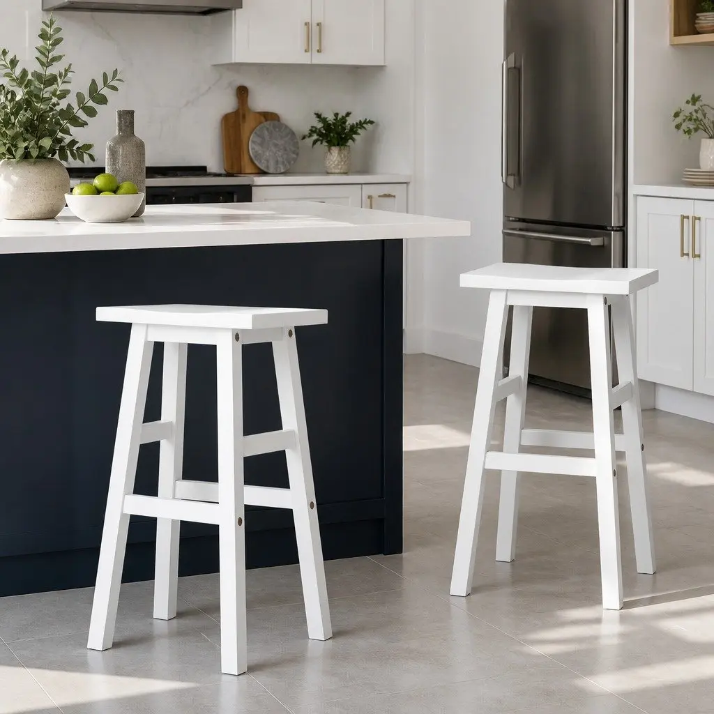 Bar Stools White Wooden 2 Piece Solid Construction with Footrest