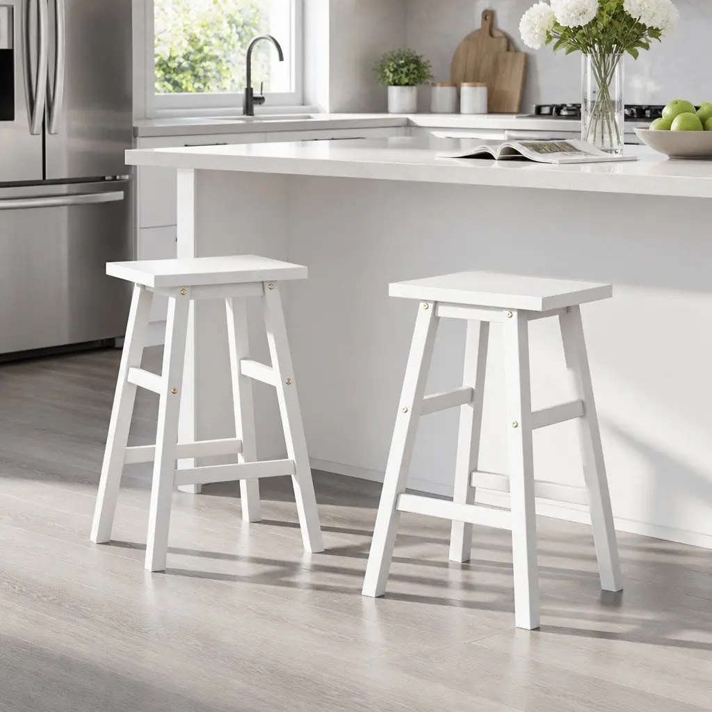 Bar Stools White Wooden 2 Piece Solid Construction with Footrest