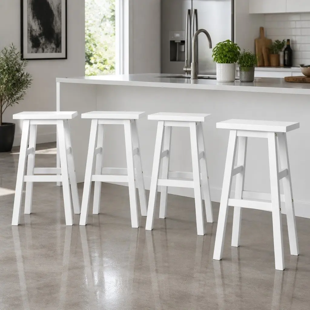 Bar Stools White 66.5cm Saddle Seat Set of 4 Solid Beech Wood Counter Height