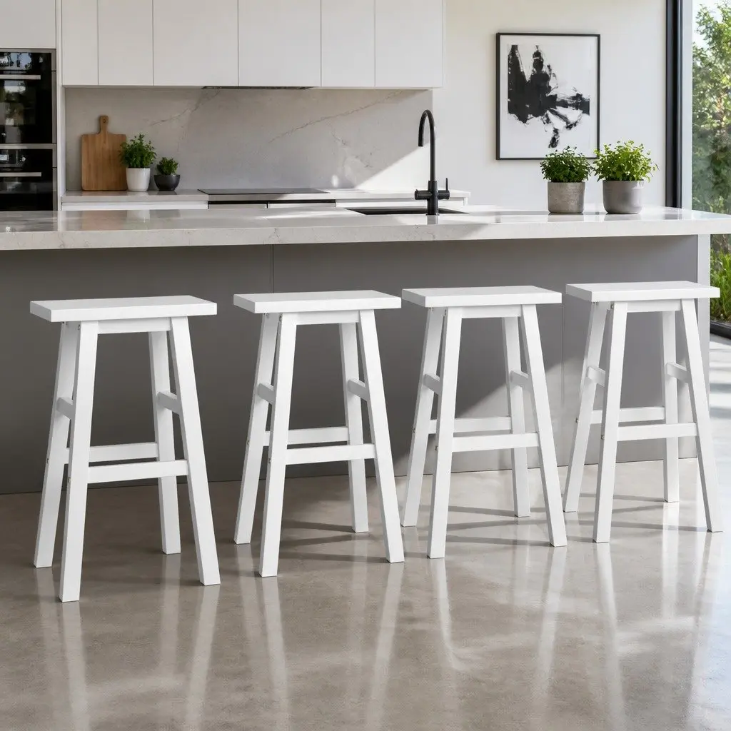 Bar Stools White 66.5cm Saddle Seat Set of 4 Solid Beech Wood Counter Height
