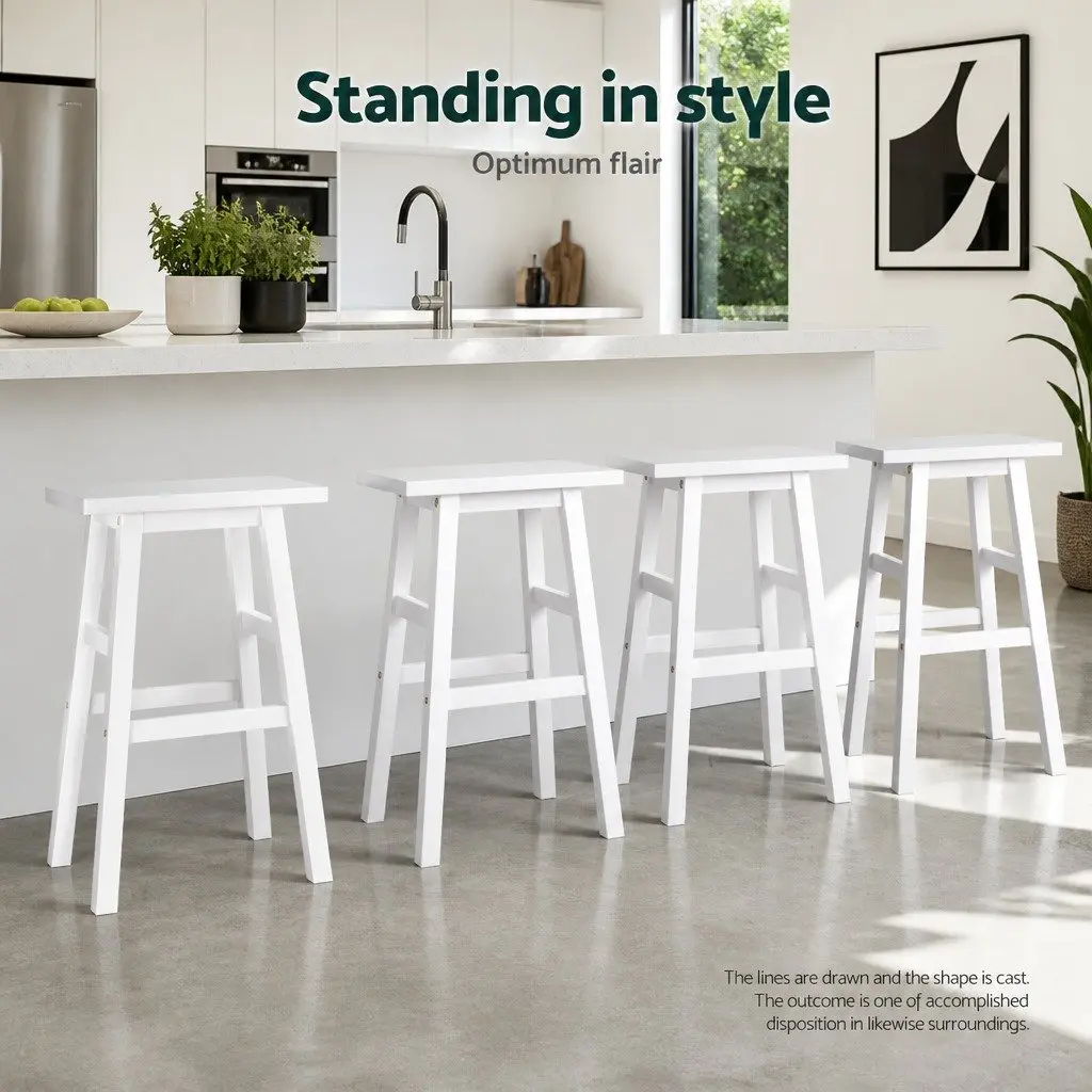 Bar Stools White 66.5cm Saddle Seat Set of 4 Solid Beech Wood Counter Height