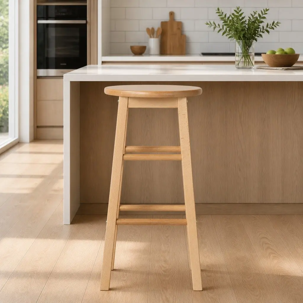 Bar Stools Set of 2 Round Wooden Chairs Natural Light Wood Tone Kitchen Dining