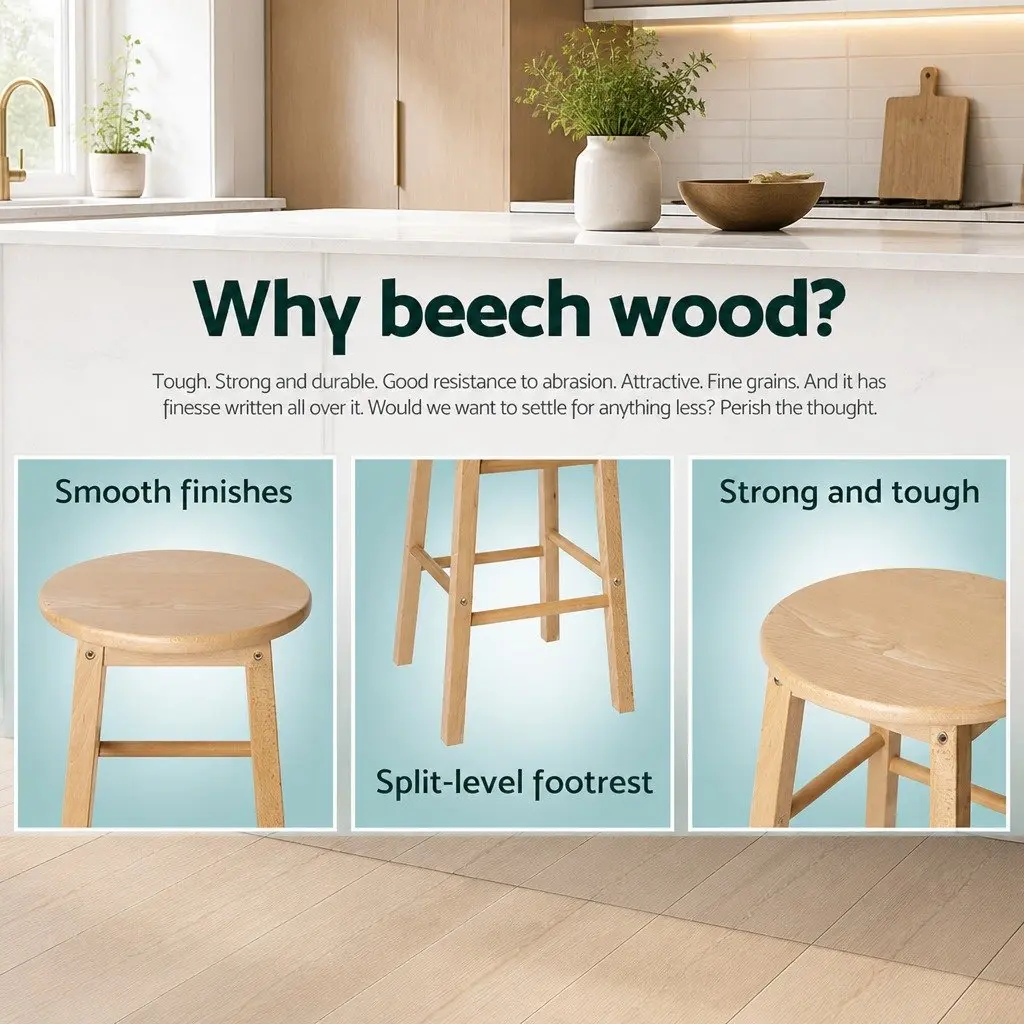Bar Stools Set of 2 Round Wooden Chairs Natural Light Wood Tone Kitchen Dining