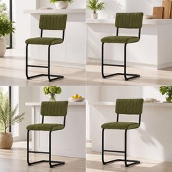 Bar Stools Set of 4 Green Velvet Cushioned Chairs with Back Support Metal