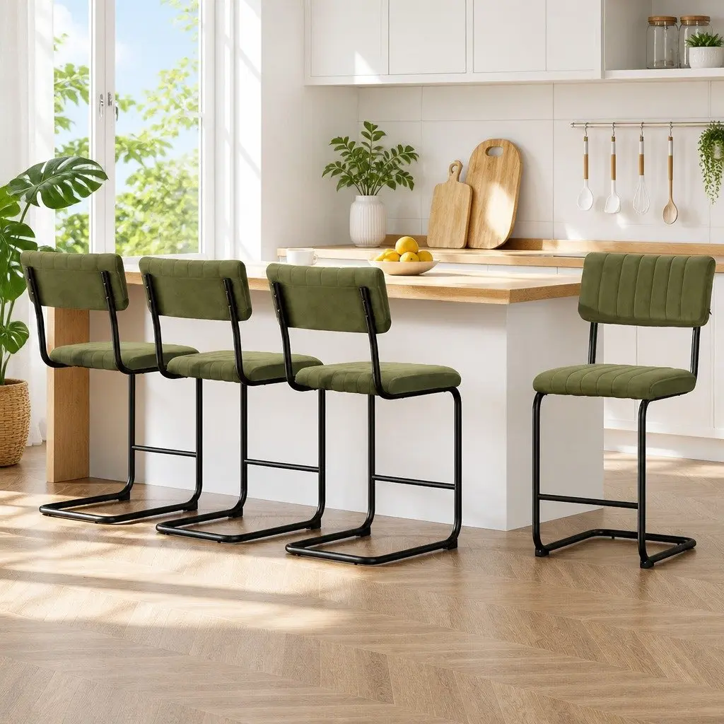 Bar Stools Green Velvet Cushioned Chairs with Back Support 65cm Seat Height Metal Frame Set of 4