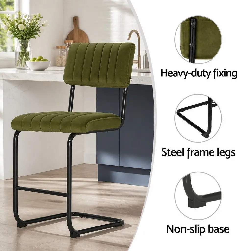 Bar Stools Green Velvet Cushioned Chairs with Back Support 65cm Seat Height Metal Frame Set of 4