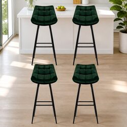 Concise Set of 4 Green Velvet Bar Stools with Backrests