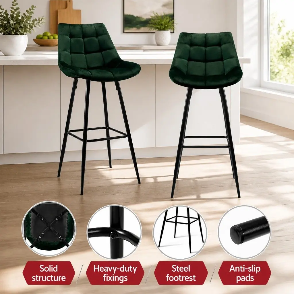 Bar Stools Set of 4 Green Velvet Chairs with Backrest Metal Frame Footrest