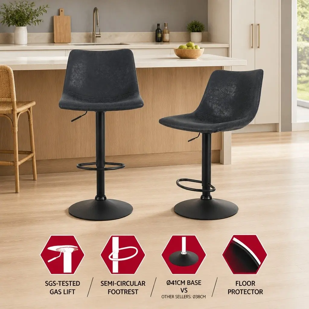 Bar Stools Black Vintage Leather Swivel Adjustable Height Padded Seat 2 Pack