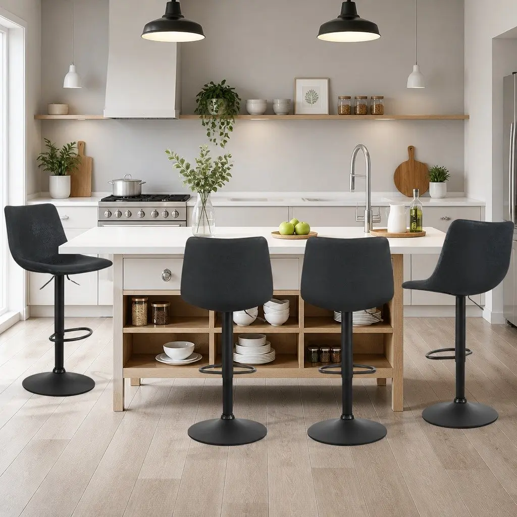 Bar Stools Black Vintage Leather Swivel Adjustable Height Padded Seat 2 Pack